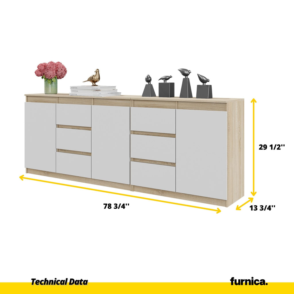 MIKEL - Chest of 6 Drawers and 3 Doors - Bedroom Dresser Storage Cabinet Sideboard - Sonoma Oak / White Matt H29 1/2" W78 3/4" D13 3/4"