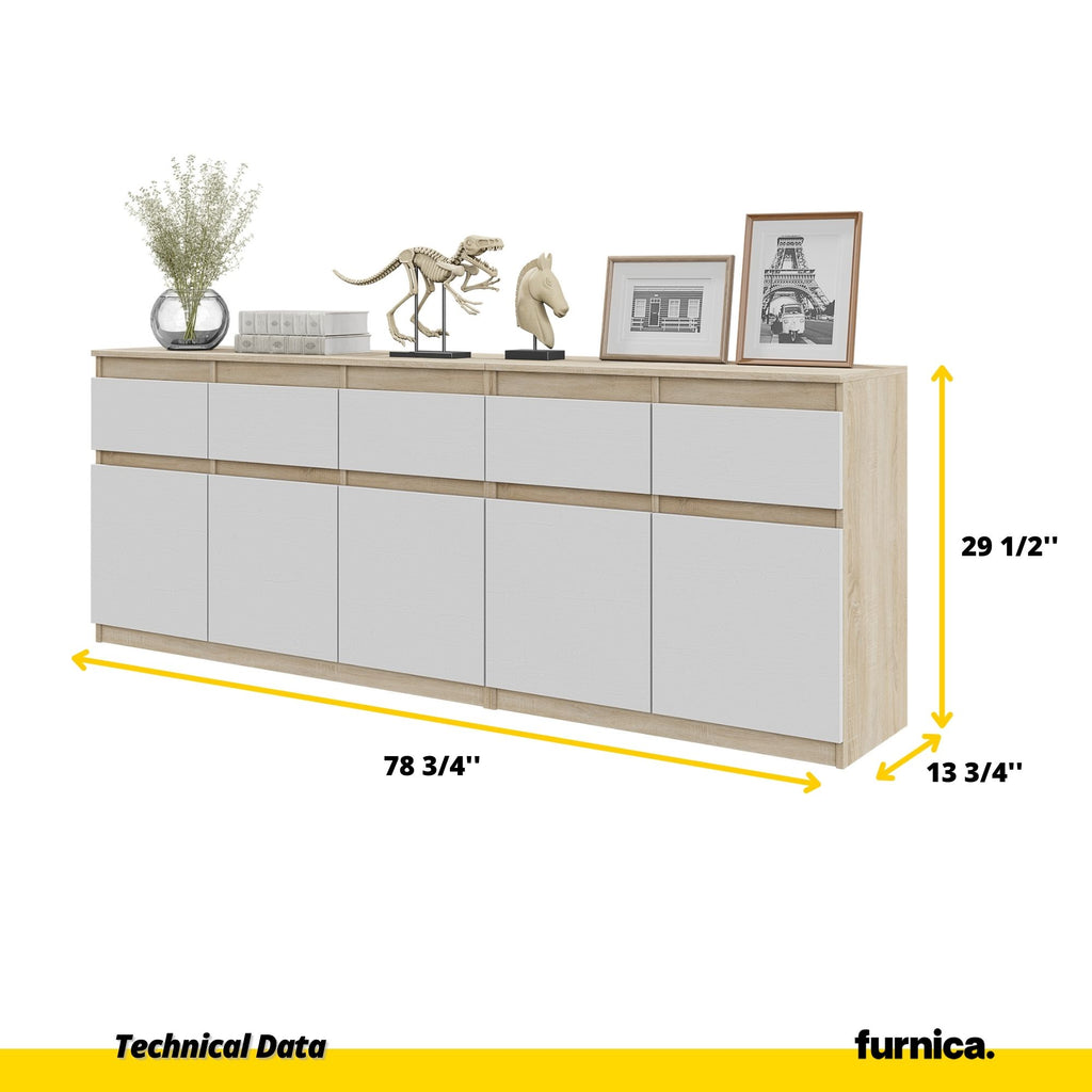 NOAH - Chest of 5 Drawers and 5 Doors - Bedroom Dresser Storage Cabinet Sideboard - Sonoma Oak / White Matt H29 1/2" W78 3/4" D13 3/4"