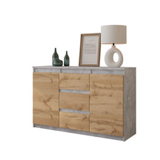 MIKEL - Chest of 3 Drawers and 2 Doors - Bedroom Dresser Storage Cabinet Sideboard - Concrete / Wotan Oak H29 1/2" W47 1/4" D13 3/4"