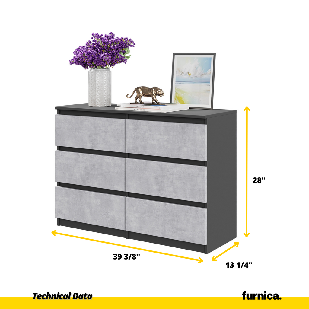 GABRIEL - Chest of 6 Drawers - Bedroom Dresser Storage Cabinet Sideboard - Anthracite / Concrete H28" W39 3/8" D13"