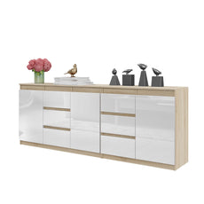 MIKEL - Chest of 6 Drawers and 3 Doors - Bedroom Dresser Storage Cabinet Sideboard - Sonoma Oak / White Gloss H29 1/2" W78 3/4" D13 3/4"