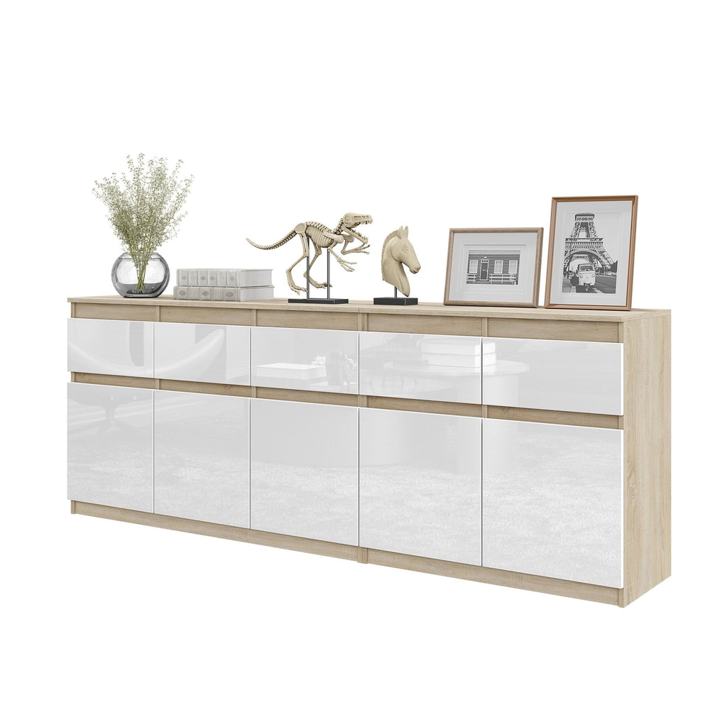 NOAH - Chest of 5 Drawers and 5 Doors - Bedroom Dresser Storage Cabinet Sideboard - Sonoma Oak / White Gloss H29 1/2" W78 3/4" D13 3/4"