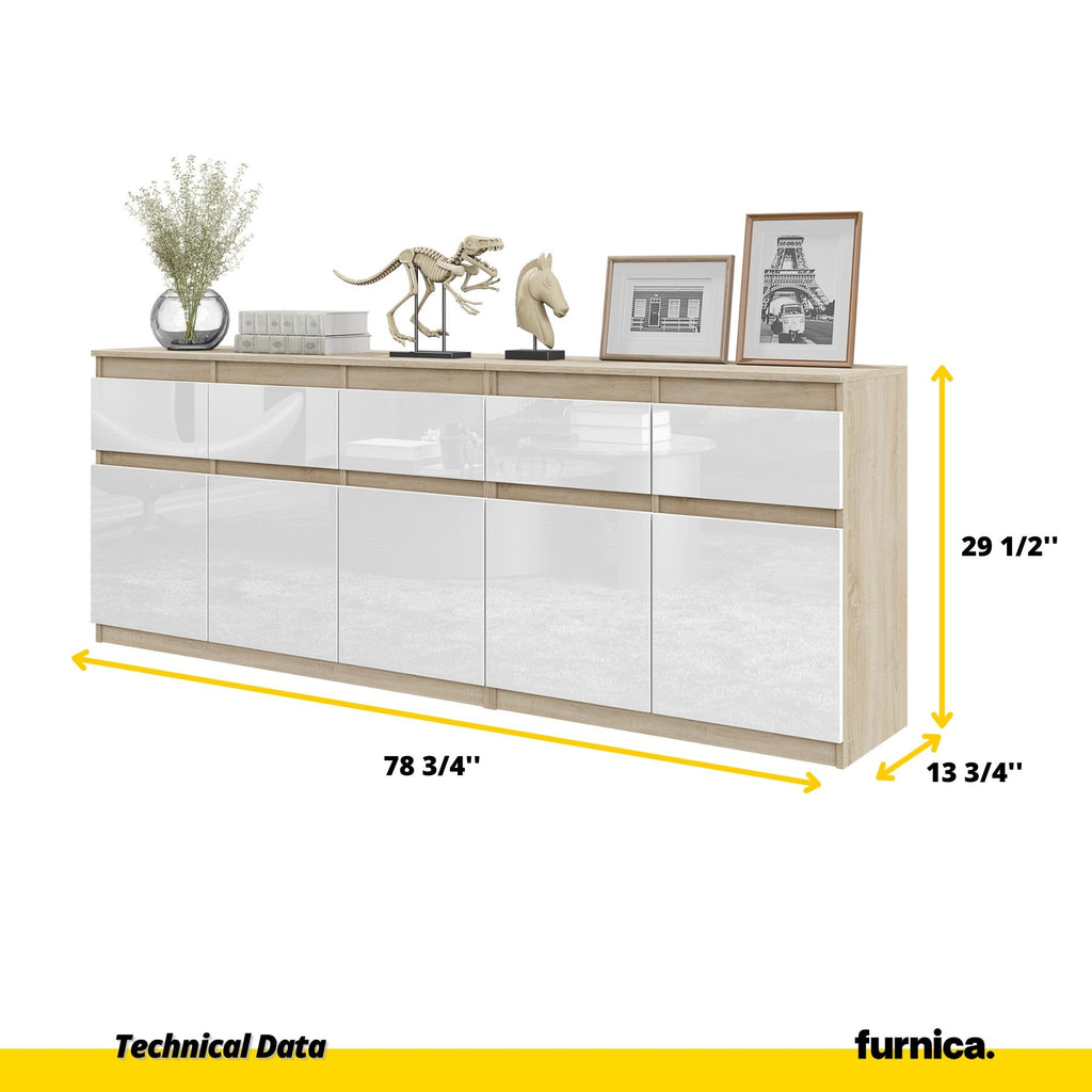 NOAH - Chest of 5 Drawers and 5 Doors - Bedroom Dresser Storage Cabinet Sideboard - Sonoma Oak / White Gloss H29 1/2" W78 3/4" D13 3/4"