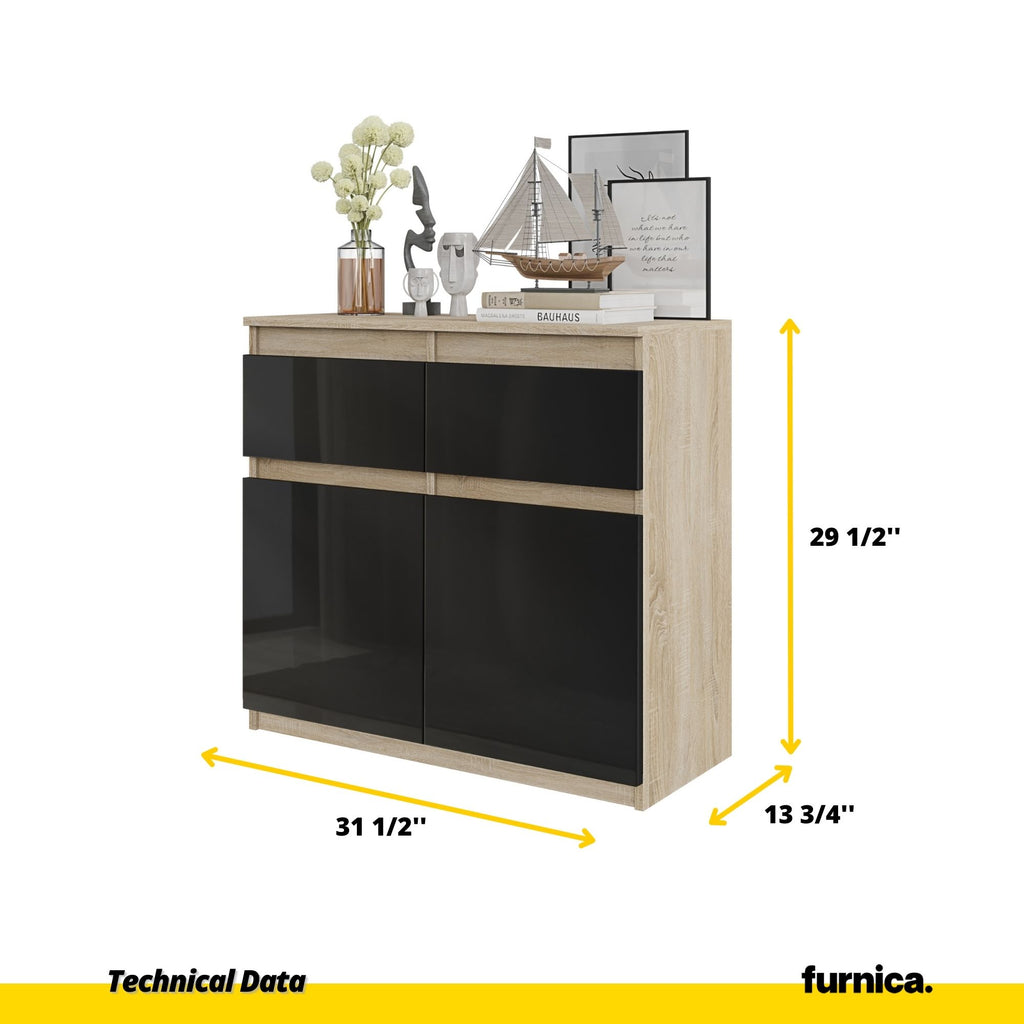 NOAH - Chest of 2 Drawers and 2 Doors - Bedroom Dresser Storage Cabinet Sideboard - Sonoma Oak / Black Gloss H29 1/2" W31 1/2" D13 3/4"