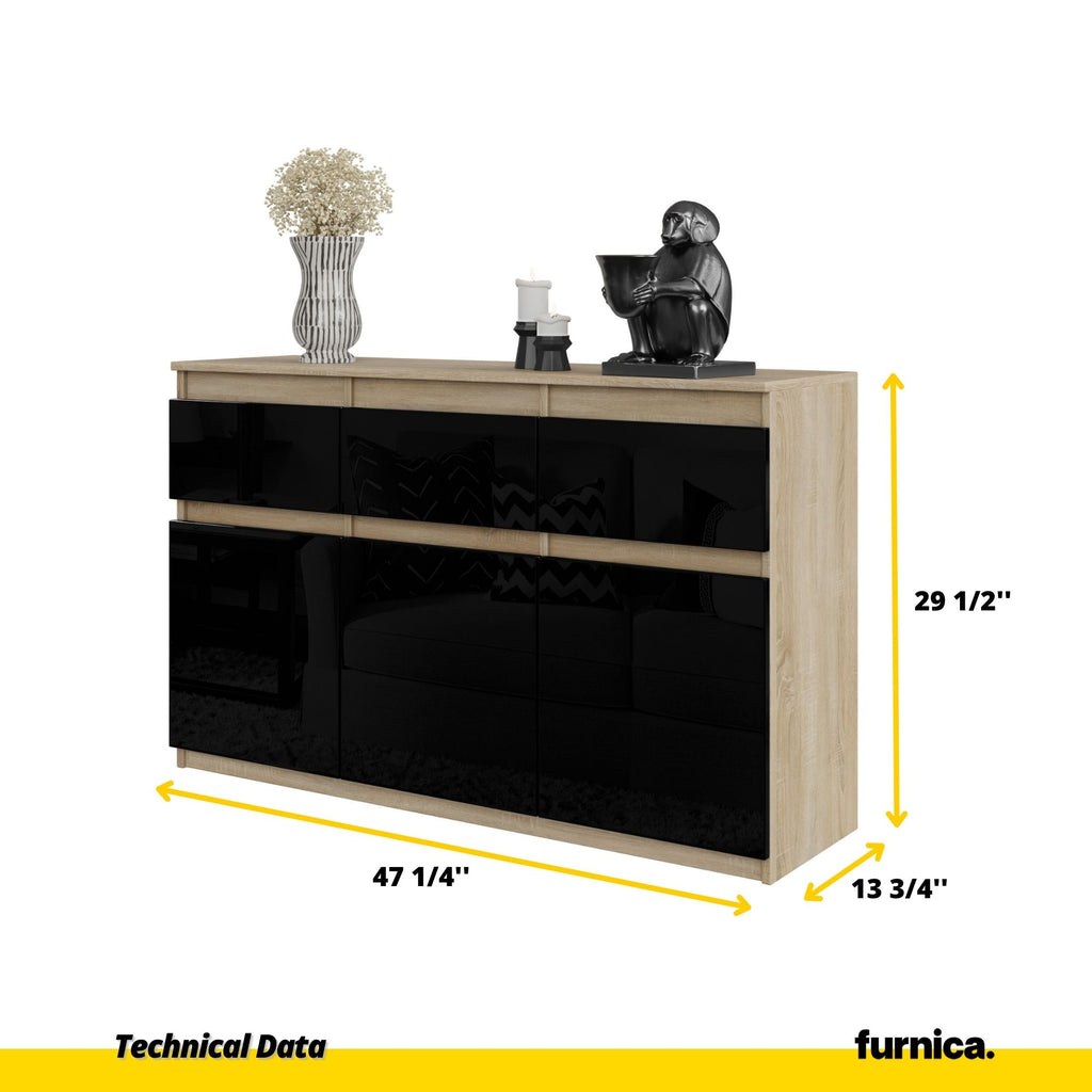 NOAH - Chest of 3 Drawers and 3 Doors - Bedroom Dresser Storage Cabinet Sideboard - Sonoma Oak / Black Gloss H29 1/2" W47 1/4" D13 3/4"