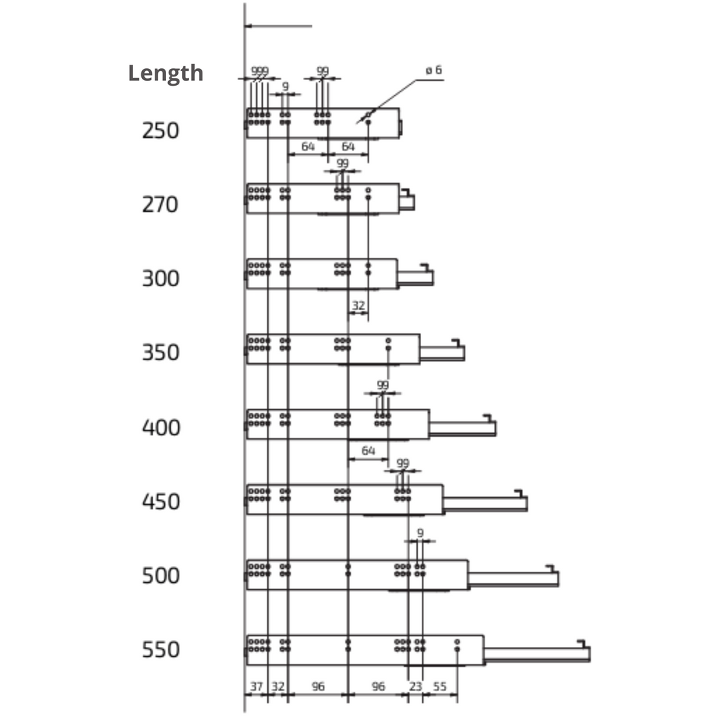 Push-to-Open Undermount Slides (left and right), Full Extension - 22 inch