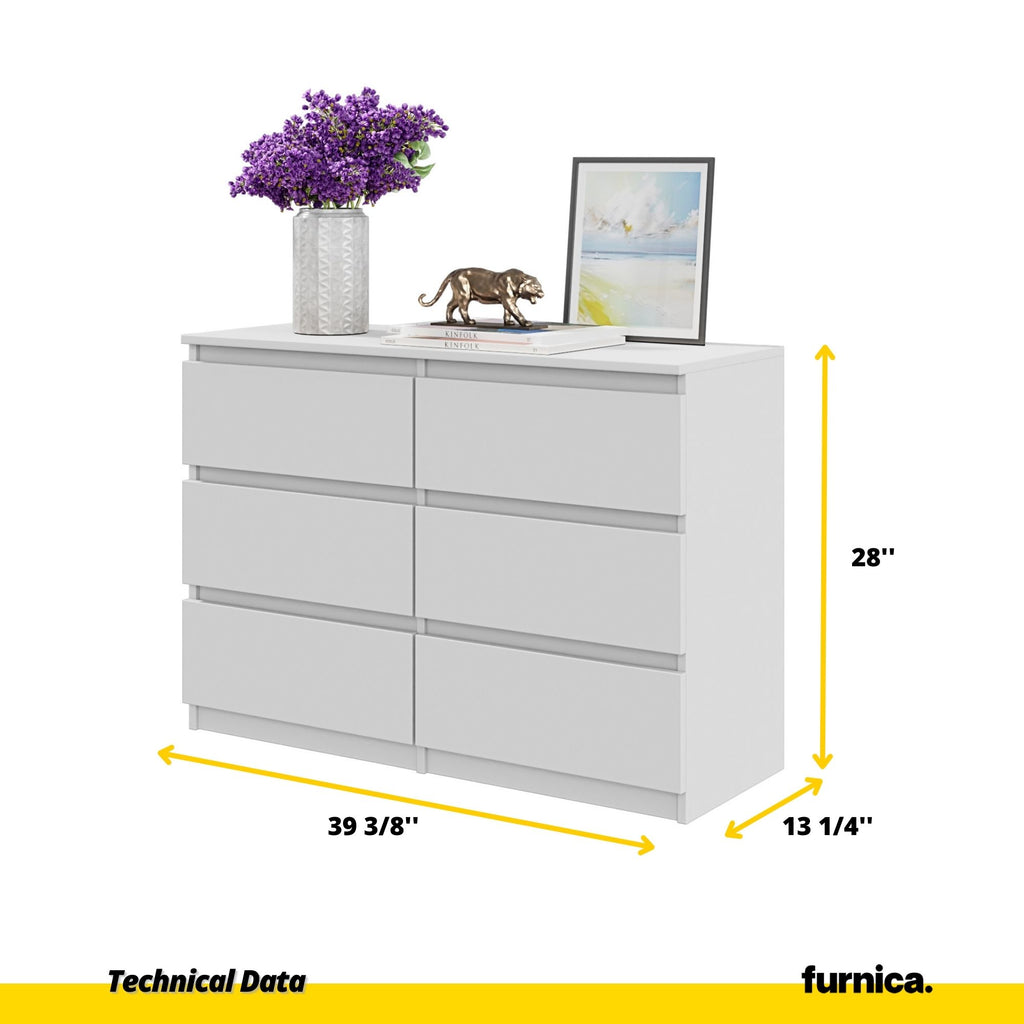 GABRIEL - Chest of 6 Drawers - Bedroom Dresser Storage Cabinet Sideboard - White Matt H28" W39 3/8" D13"