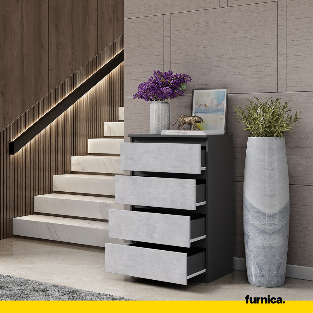 GABRIEL - Chest of 4 Drawers - Bedroom Dresser Storage Cabinet Sideboard - Anthracite / Concrete H36 3/8" W23 5/8" D13 1/4"