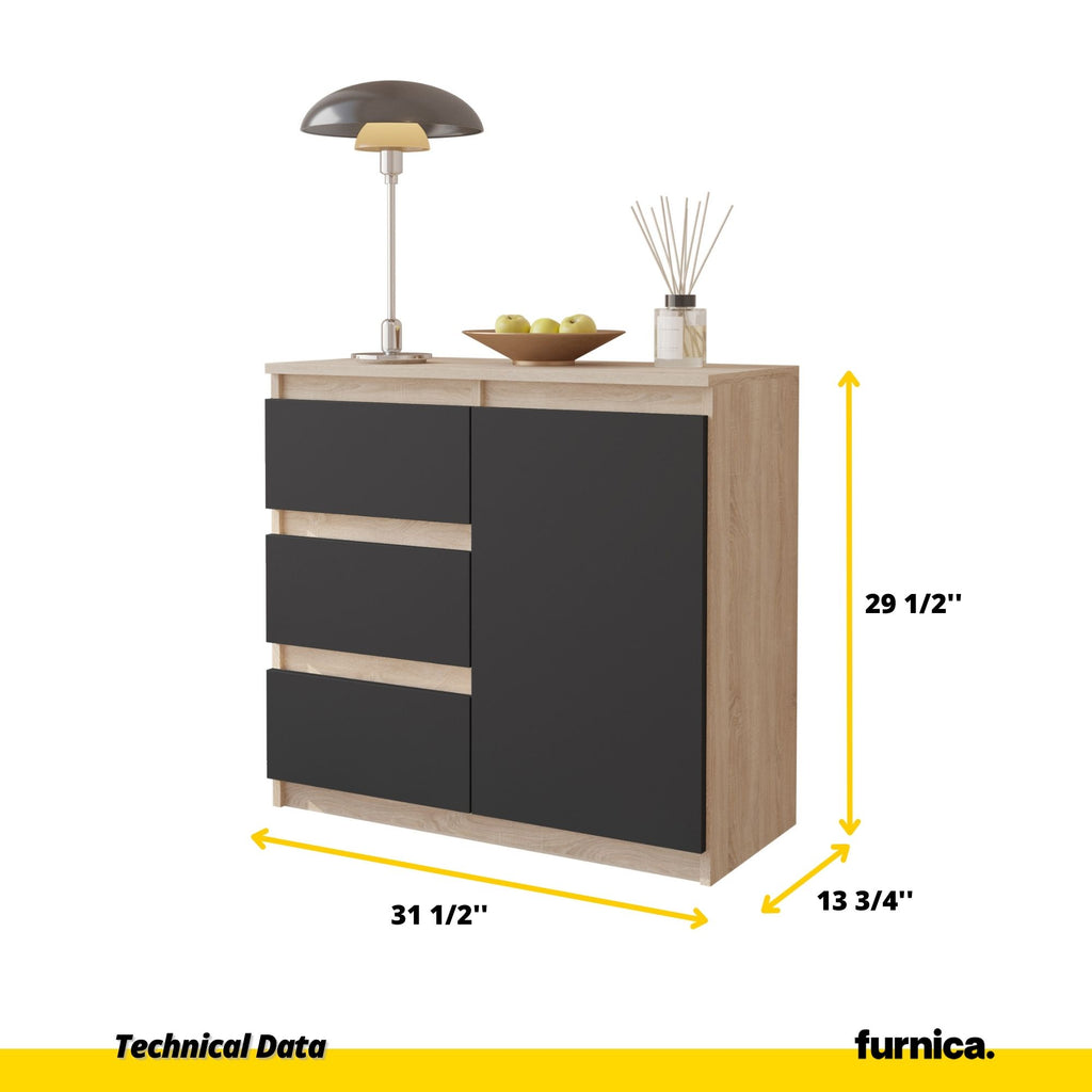 MIKEL - Chest of 3 Drawers and 1 Door - Bedroom Dresser Storage Cabinet Sideboard - Sonoma Oak / Anthracite H29 1/2" W31 1/2" D13 3/4"