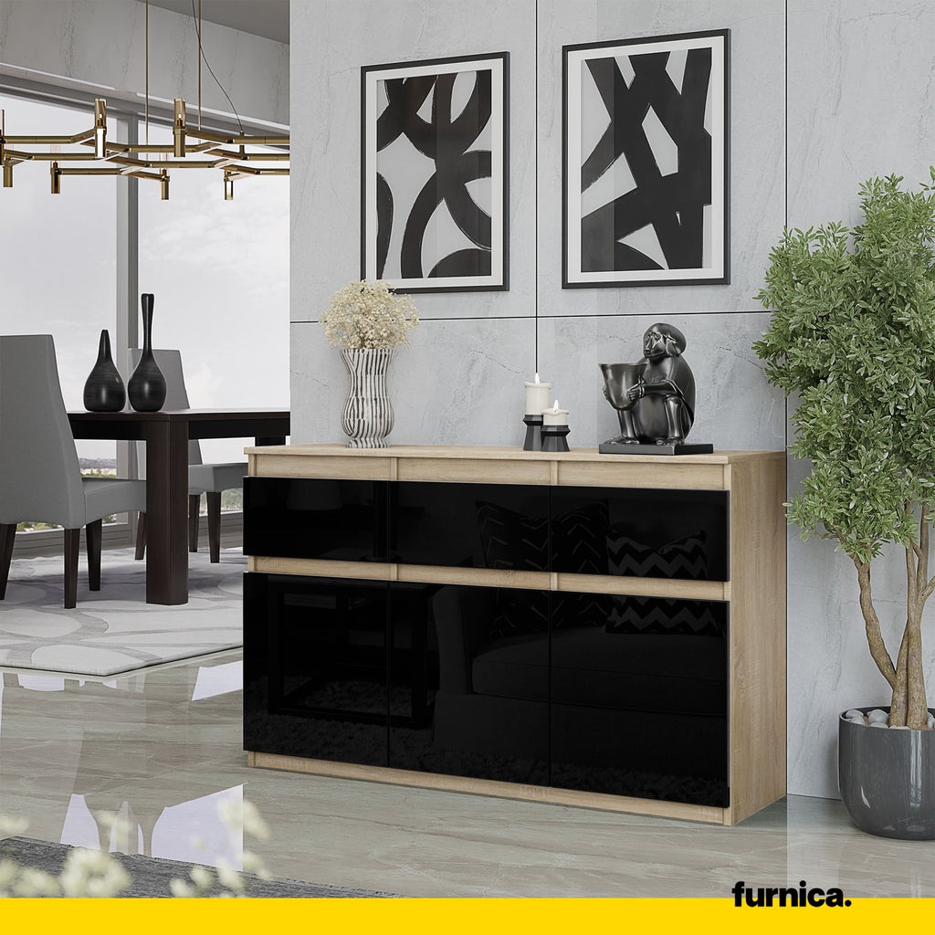 NOAH - Chest of 3 Drawers and 3 Doors - Bedroom Dresser Storage Cabinet Sideboard - Sonoma Oak / Black Gloss H29 1/2" W47 1/4" D13 3/4"