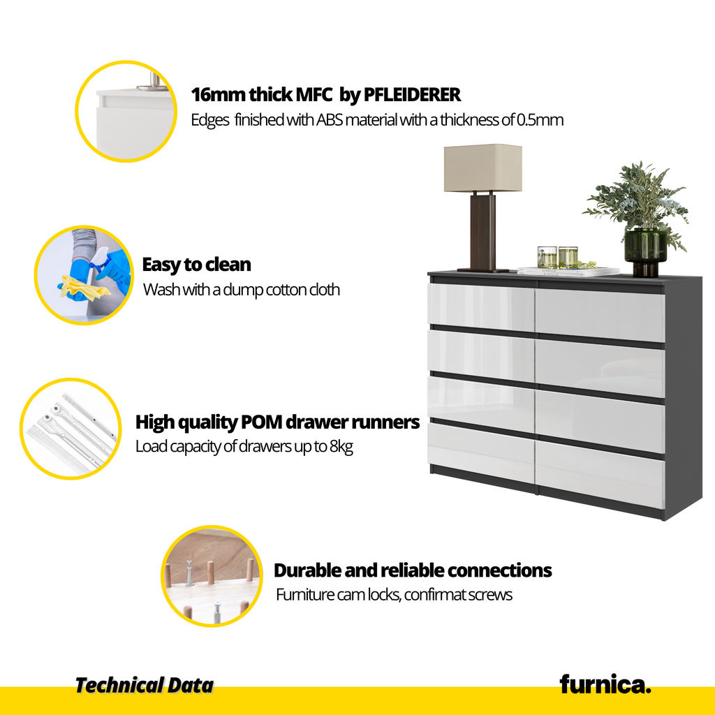 GABRIEL - Chest of 8 Drawers - Bedroom Dresser Storage Cabinet Sideboard - Anthracite / White Gloss H36 3/8" W47 1/4" D13 1/4"