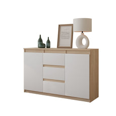 MIKEL - Chest of 3 Drawers and 2 Doors - Bedroom Dresser Storage Cabinet Sideboard - Sonoma Oak / White Matt H29 1/2" W47 1/4" D13 3/4"