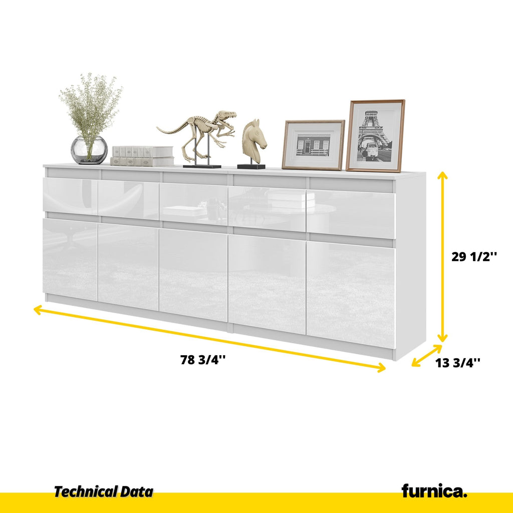 NOAH - Chest of 5 Drawers and 5 Doors - Bedroom Dresser Storage Cabinet Sideboard - White Matt / White Gloss H29 1/2" W78 3/4" D13 3/4"