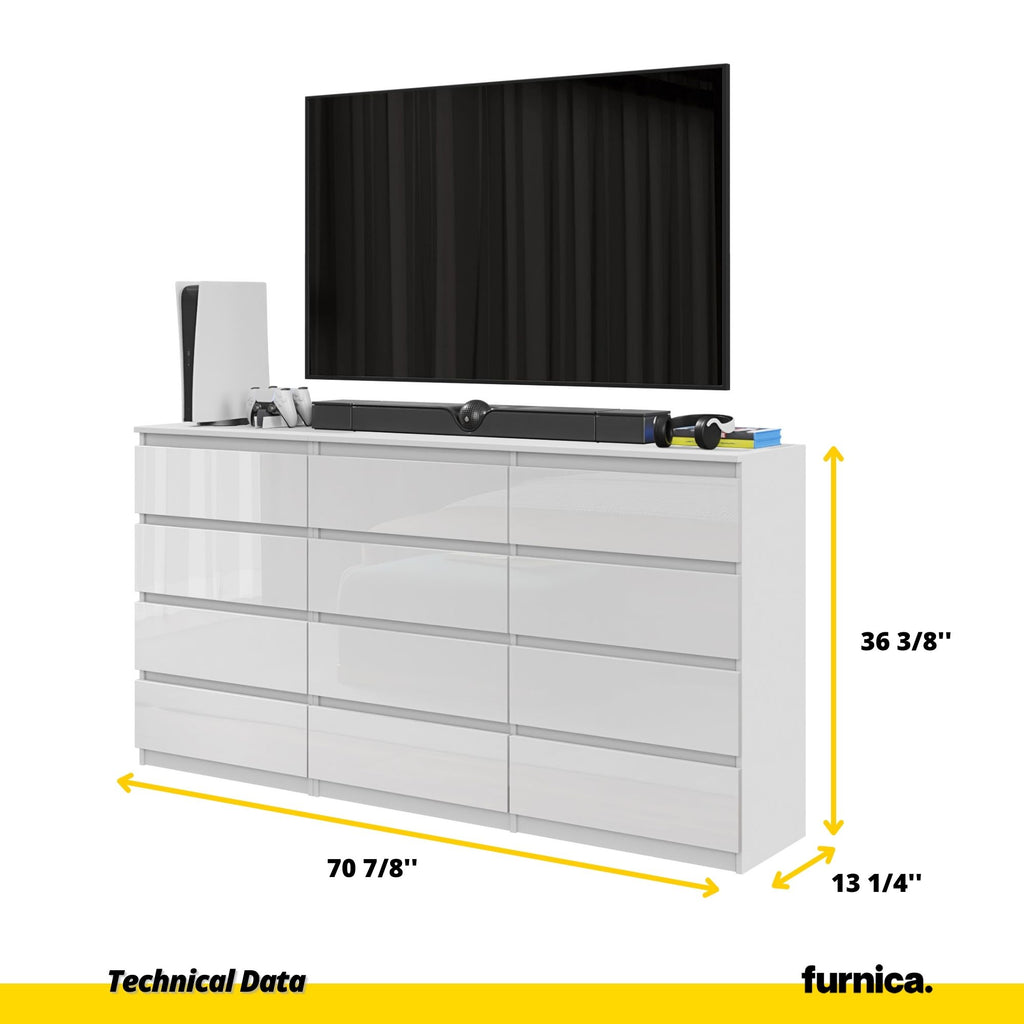 GABRIEL - Chest of 12 Drawers (8+4) - Bedroom Dresser Storage Cabinet Sideboard - White Gloss H36 3/8" W70 7/8" D13 1/4