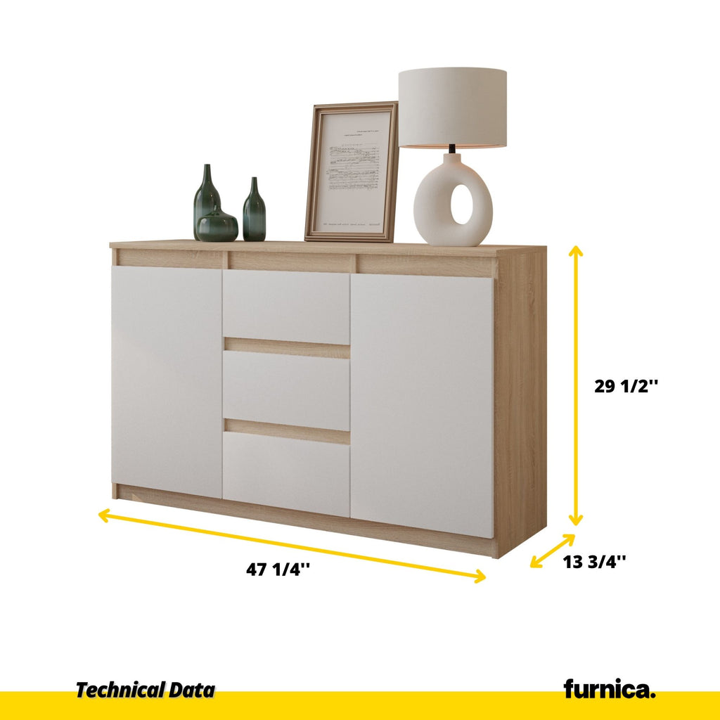 MIKEL - Chest of 3 Drawers and 2 Doors - Bedroom Dresser Storage Cabinet Sideboard - Sonoma Oak / White Matt H29 1/2" W47 1/4" D13 3/4"