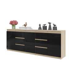 MIKEL - Chest of 6 Drawers and 3 Doors - Bedroom Dresser Storage Cabinet Sideboard - Sonoma Oak / Black Gloss H29 1/2" W78 3/4" D13 3/4"