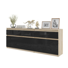 NOAH - Chest of 5 Drawers and 5 Doors - Bedroom Dresser Storage Cabinet Sideboard - Sonoma Oak / Black Gloss H29 1/2" W78 3/4" D13 3/4"