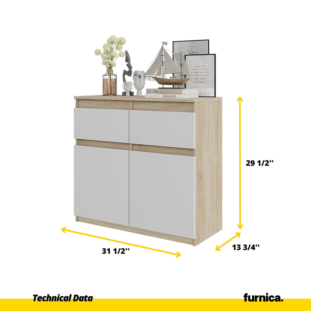 NOAH - Chest of 2 Drawers and 2 Doors - Bedroom Dresser Storage Cabinet Sideboard - Sonoma Oak / White Matt H29 1/2" W31 1/2" D13 3/4"