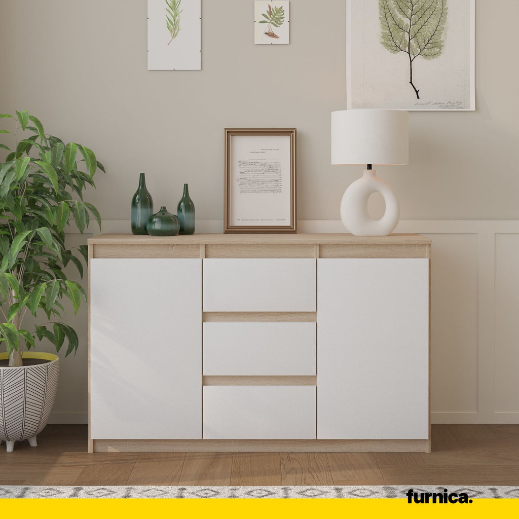 MIKEL - Chest of 3 Drawers and 2 Doors - Bedroom Dresser Storage Cabinet Sideboard - Sonoma Oak / White Matt H29 1/2" W47 1/4" D13 3/4"