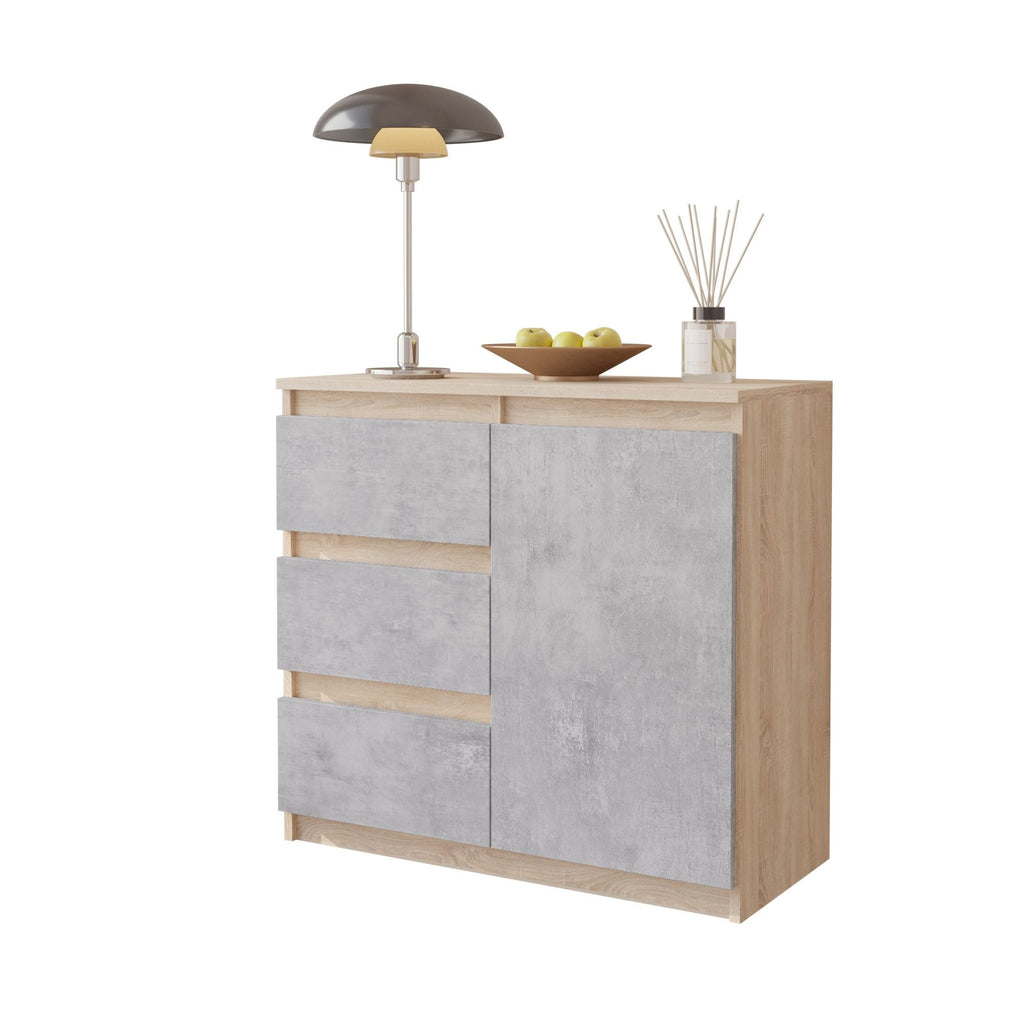 MIKEL - Chest of 3 Drawers and 1 Door - Bedroom Dresser Storage Cabinet Sideboard - Sonoma Oak / Concrete H29 1/2" W31 1/2" D13 3/4"