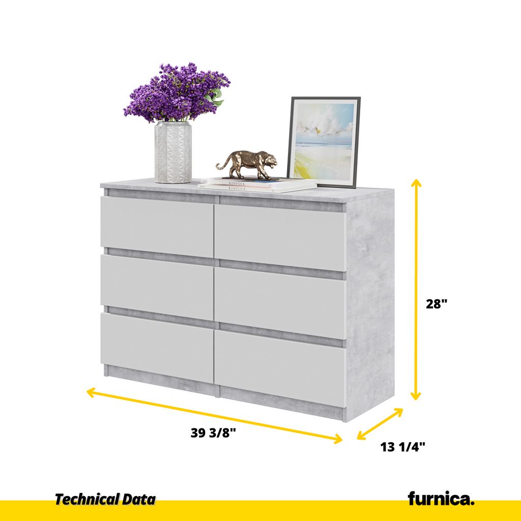 GABRIEL - Chest of 6 Drawers - Bedroom Dresser Storage Cabinet Sideboard - Concrete / White Matt H28" W39 3/8" D13"