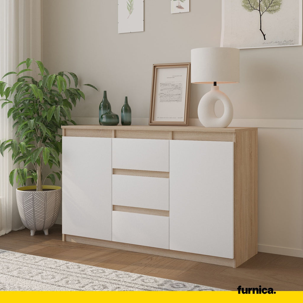 MIKEL - Chest of 3 Drawers and 2 Doors - Bedroom Dresser Storage Cabinet Sideboard - Sonoma Oak / White Matt H29 1/2" W47 1/4" D13 3/4"