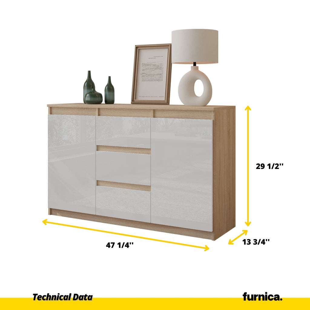MIKEL - Chest of 3 Drawers and 2 Doors - Bedroom Dresser Storage Cabinet Sideboard - Sonoma Oak / White Gloss H29 1/2" W47 1/4" D13 3/4"
