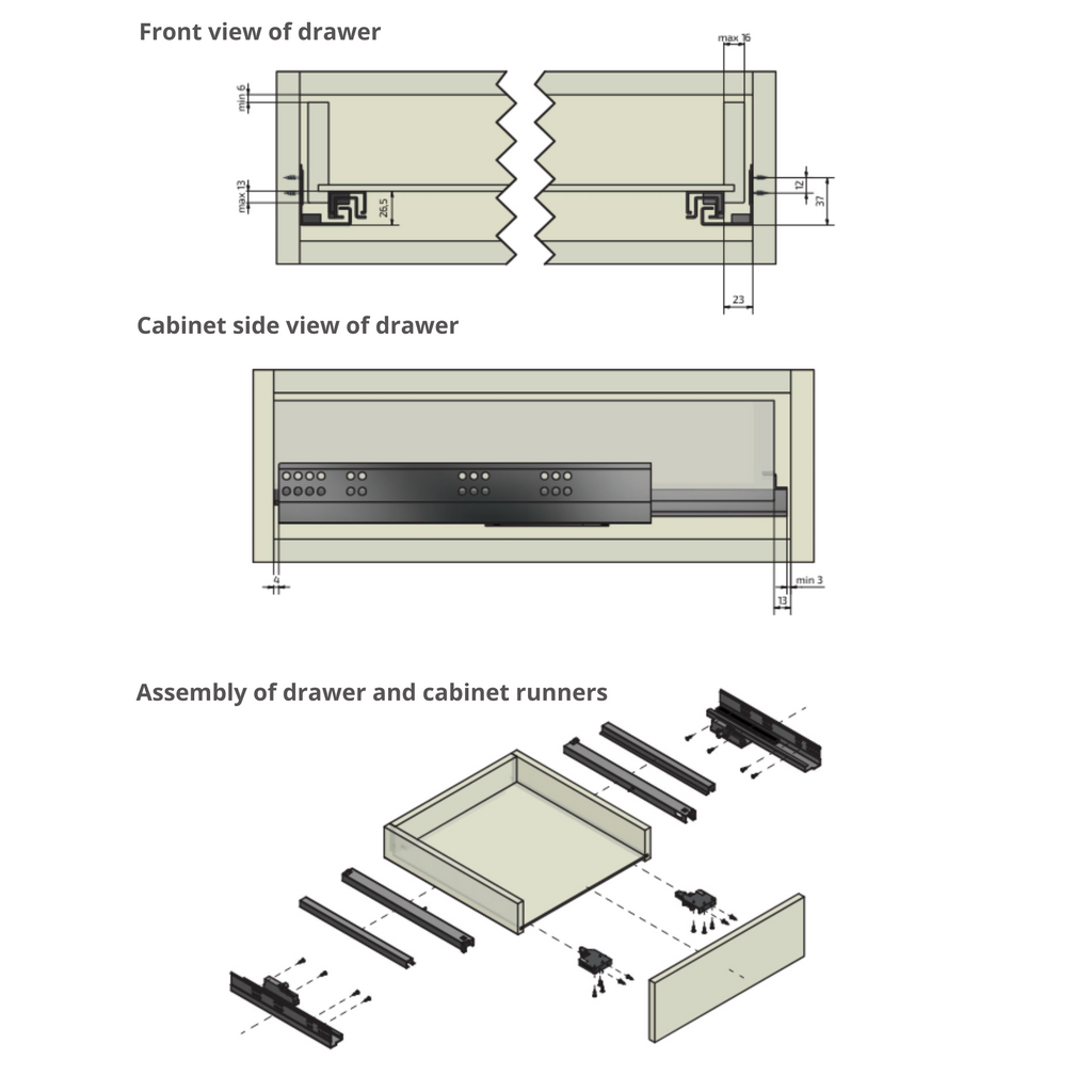 Push-to-Open Undermount Slides (left and right), Full Extension - 12 inch