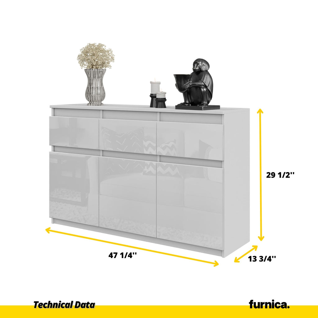 NOAH - Chest of 3 Drawers and 3 Door - Bedroom Dresser Storage Cabinet Sideboard - White Matt / White Gloss H29 1/2" W47 1/4" D13 3/4"