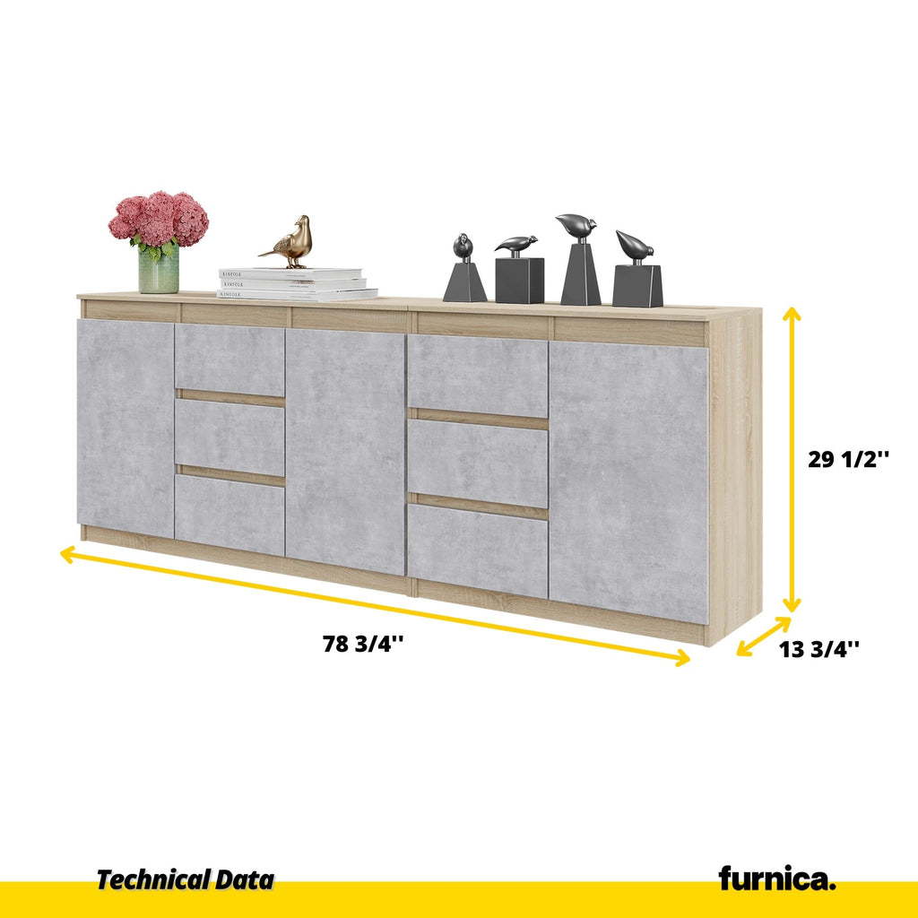 MIKEL - Chest of 6 Drawers and 3 Doors - Bedroom Dresser Storage Cabinet Sideboard - Sonoma Oak / Concrete H29 1/2" W78 3/4" D13 3/4"