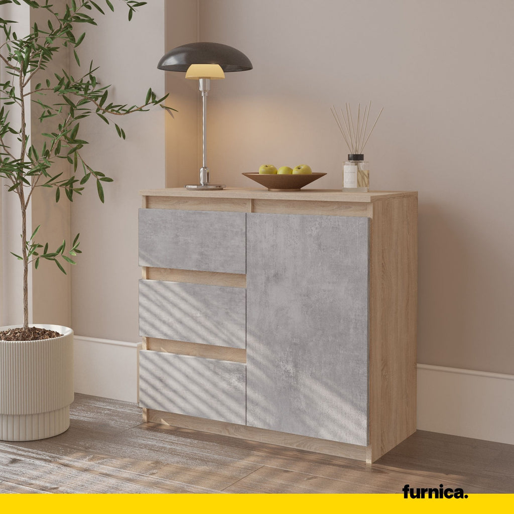 MIKEL - Chest of 3 Drawers and 1 Door - Bedroom Dresser Storage Cabinet Sideboard - Sonoma Oak / Concrete H29 1/2" W31 1/2" D13 3/4"