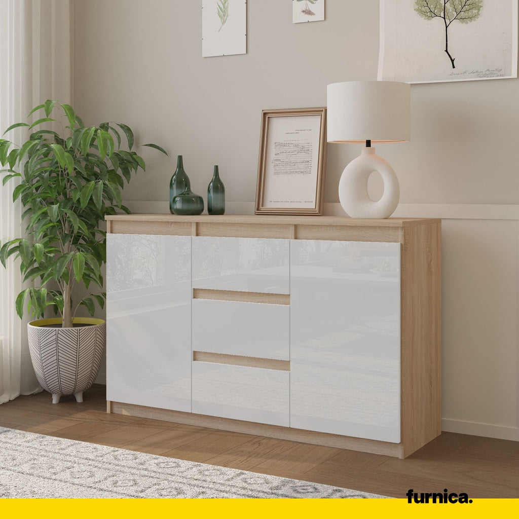 MIKEL - Chest of 3 Drawers and 2 Doors - Bedroom Dresser Storage Cabinet Sideboard - Sonoma Oak / White Gloss H29 1/2" W47 1/4" D13 3/4"