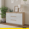 MIKEL - Chest of 3 Drawers and 2 Doors - Bedroom Dresser Storage Cabinet Sideboard - Sonoma Oak / White Gloss H29 1/2" W47 1/4" D13 3/4"