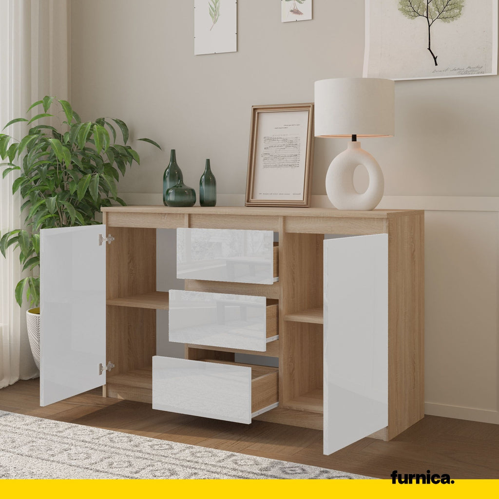 MIKEL - Chest of 3 Drawers and 2 Doors - Bedroom Dresser Storage Cabinet Sideboard - Sonoma Oak / White Gloss H29 1/2" W47 1/4" D13 3/4"