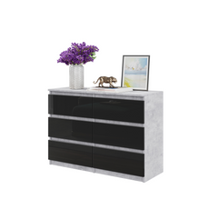 GABRIEL - Chest of 6 Drawers - Bedroom Dresser Storage Cabinet Sideboard - Concrete / Black Gloss H28" W39 3/8" D13"