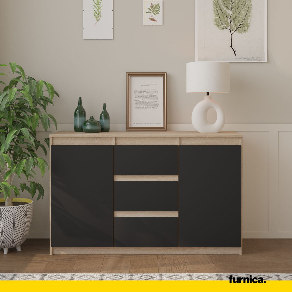 MIKEL - Chest of 3 Drawers and 2 Doors - Bedroom Dresser Storage Cabinet Sideboard - Sonoma Oak / Anthracite H29 1/2" W47 1/4" D13 3/4"