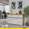 NOAH - Chest of 3 Drawers and 3 Doors - Bedroom Dresser Storage Cabinet Sideboard - Wotan Oak / White Gloss H29 1/2" W47 1/4" D13 3/4"