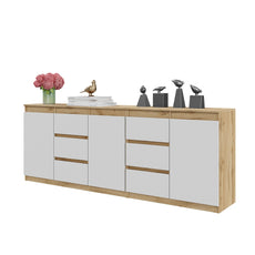 MIKEL - Chest of 6 Drawers and 3 Doors - Bedroom Dresser Storage Cabinet Sideboard - Wotan Oak / White Matt H29 1/2" W78 3/4" D13 3/4"