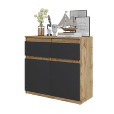 NOAH - Chest of 2 Drawers and 2 Doors - Bedroom Dresser Storage Cabinet Sideboard -  Wotan Oak / Anthracite H29 1/2" W31 1/2" D13 3/4"