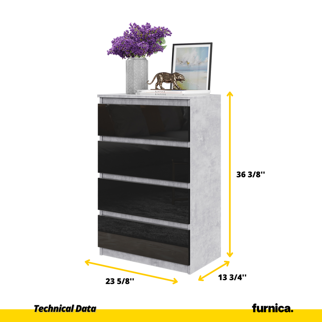 GABRIEL - Chest of 4 Drawers - Bedroom Dresser Storage Cabinet Sideboard - Concrete / Black Gloss H36 3/8" W23 5/8" D13 1/4"