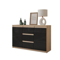 MIKEL - Chest of 3 Drawers and 2 Doors - Bedroom Dresser Storage Cabinet Sideboard - Sonoma Oak / Black Gloss H29 1/2" W47 1/4" D13 3/4"