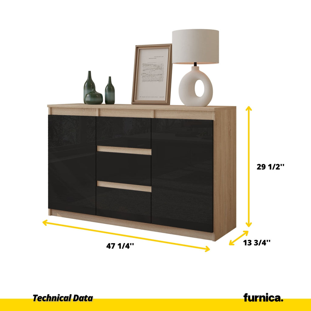 MIKEL - Chest of 3 Drawers and 2 Doors - Bedroom Dresser Storage Cabinet Sideboard - Sonoma Oak / Black Gloss H29 1/2" W47 1/4" D13 3/4"