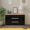 MIKEL - Chest of 3 Drawers and 2 Doors - Bedroom Dresser Storage Cabinet Sideboard - Sonoma Oak / Black Gloss H29 1/2" W47 1/4" D13 3/4"