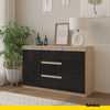 MIKEL - Chest of 3 Drawers and 2 Doors - Bedroom Dresser Storage Cabinet Sideboard - Sonoma Oak / Black Gloss H29 1/2" W47 1/4" D13 3/4"