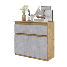 NOAH - Chest of 2 Drawers and 2 Doors - Bedroom Dresser Storage Cabinet Sideboard - Wotan Oak / Concrete H29 1/2" W31 1/2" D13 3/4"