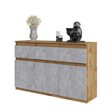 NOAH - Chest of 3 Drawers and 3 Doors - Bedroom Dresser Storage Cabinet Sideboard - Wotan Oak / Concrete H29 1/2" W47 1/4" D13 3/4"