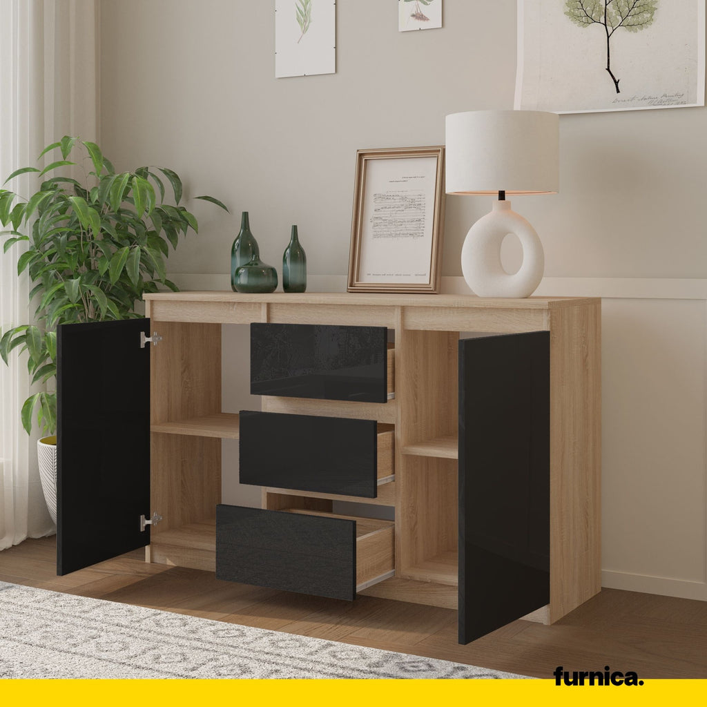 MIKEL - Chest of 3 Drawers and 2 Doors - Bedroom Dresser Storage Cabinet Sideboard - Sonoma Oak / Black Gloss H29 1/2" W47 1/4" D13 3/4"