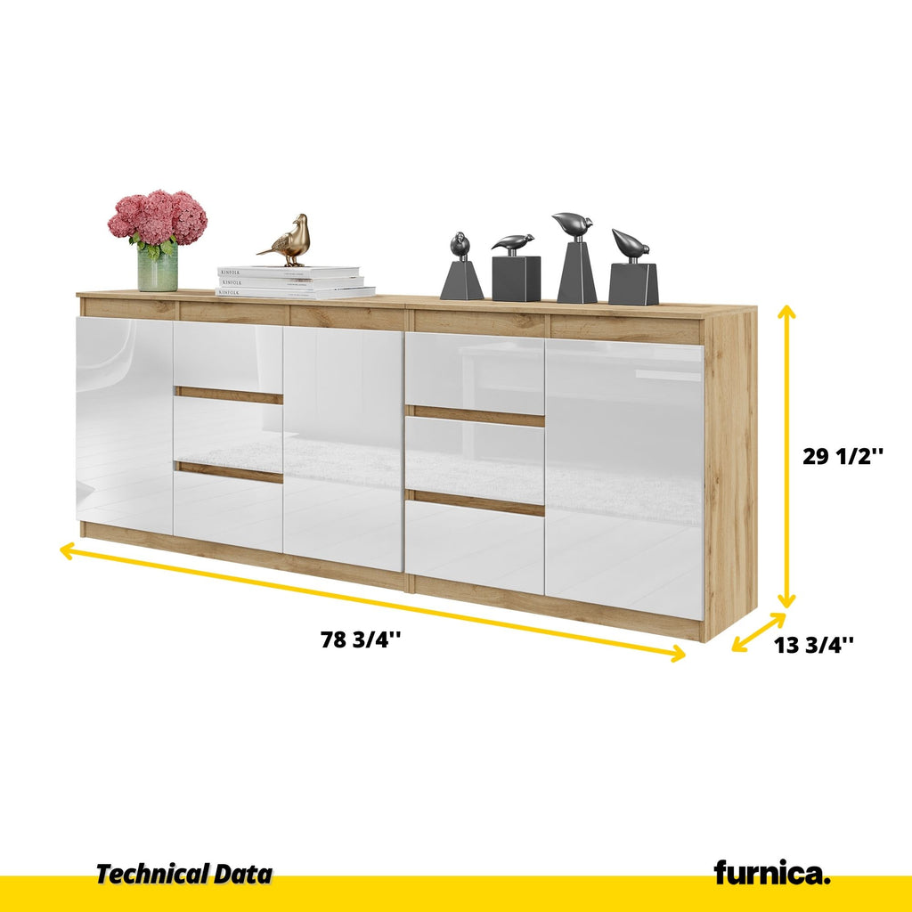 MIKEL - Chest of 6 Drawers and 3 Doors - Bedroom Dresser Storage Cabinet Sideboard - Wotan Oak / White Gloss H29 1/2" W78 3/4" D13 3/4"