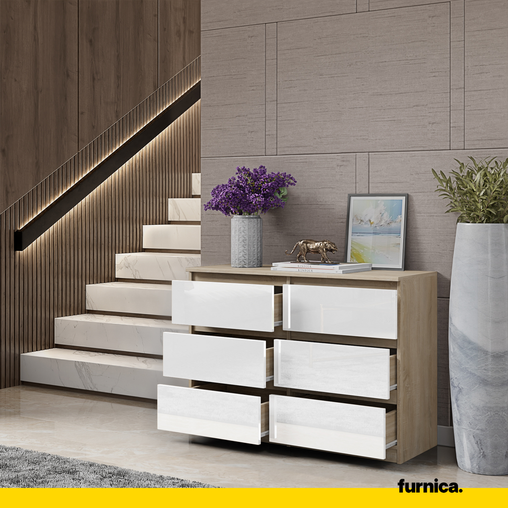 GABRIEL - Chest of 6 Drawers - Bedroom Dresser Storage Cabinet Sideboard - Sonoma Oak / White Gloss H28" W39 3/8" D13"