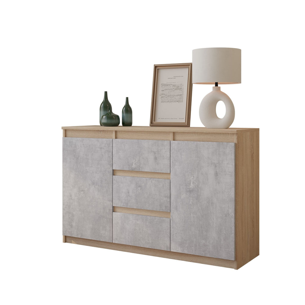 MIKEL - Chest of 3 Drawers and 2 Doors - Bedroom Dresser Storage Cabinet Sideboard - Sonoma Oak / Concrete H29 1/2" W47 1/4" D13 3/4"